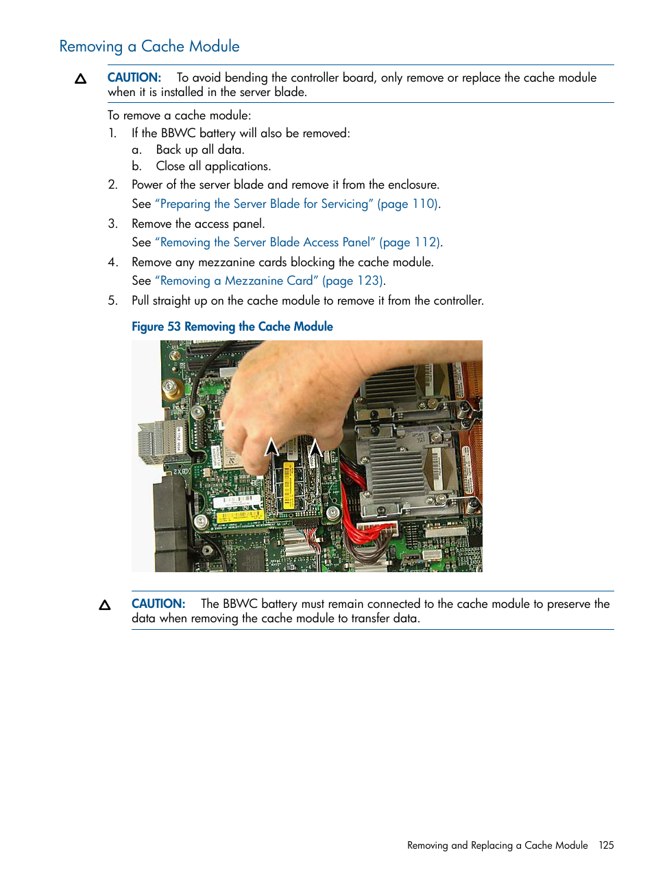 Removing a cache module | HP BL860C User Manual | Page 125 / 184