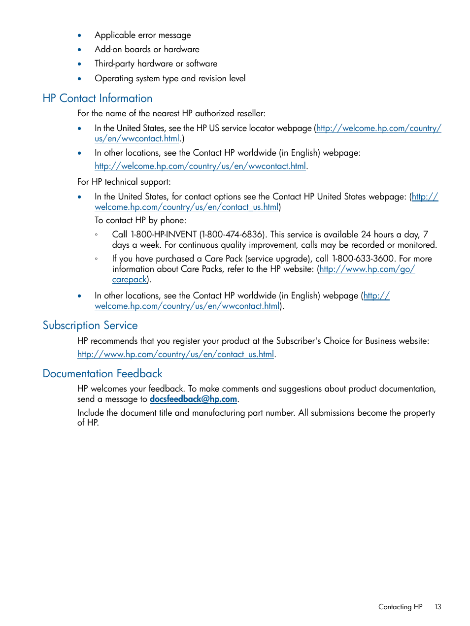 Hp contact information, Subscription service, Documentation feedback | HP BL860C User Manual | Page 13 / 184