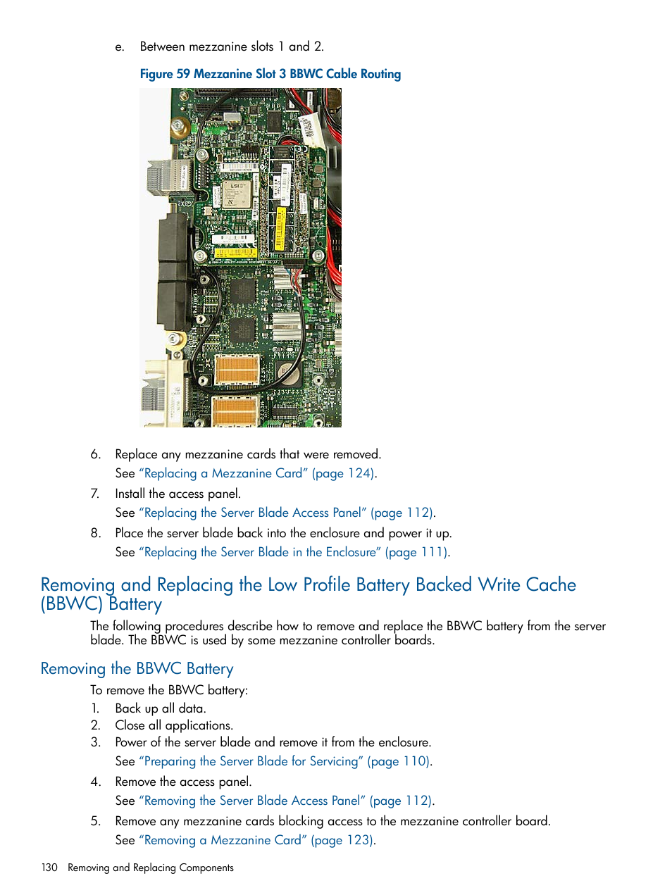 Removing the bbwc battery | HP BL860C User Manual | Page 130 / 184