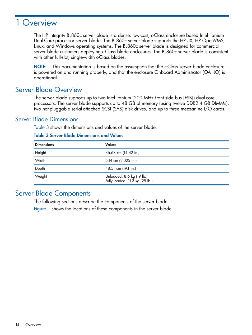 1 overview, Server blade overview, Server blade dimensions | Server blade components | HP BL860C User Manual | Page 14 / 184