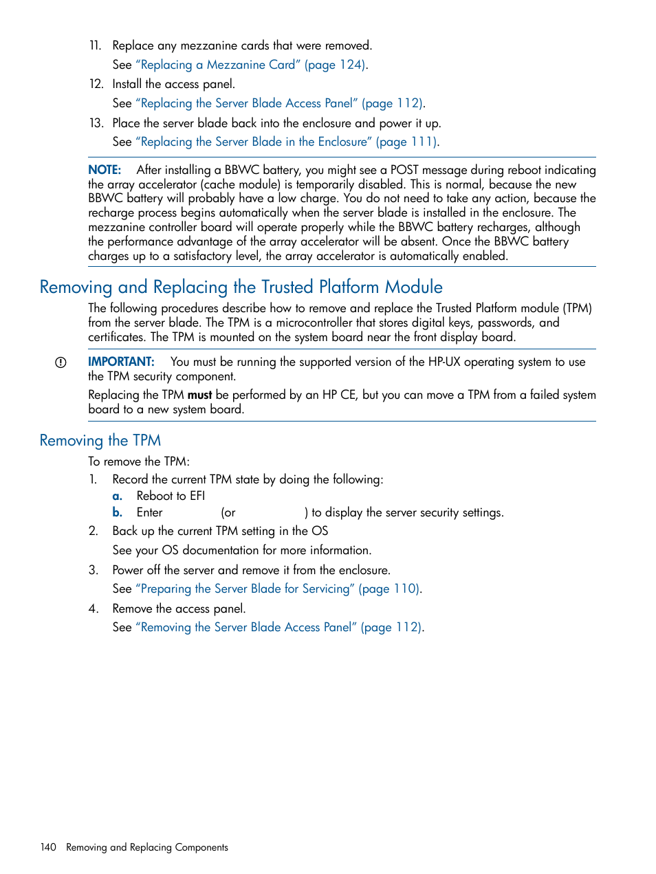 Removing and replacing the trusted platform module, Removing the tpm | HP BL860C User Manual | Page 140 / 184