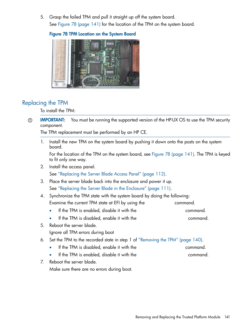 Replacing the tpm | HP BL860C User Manual | Page 141 / 184