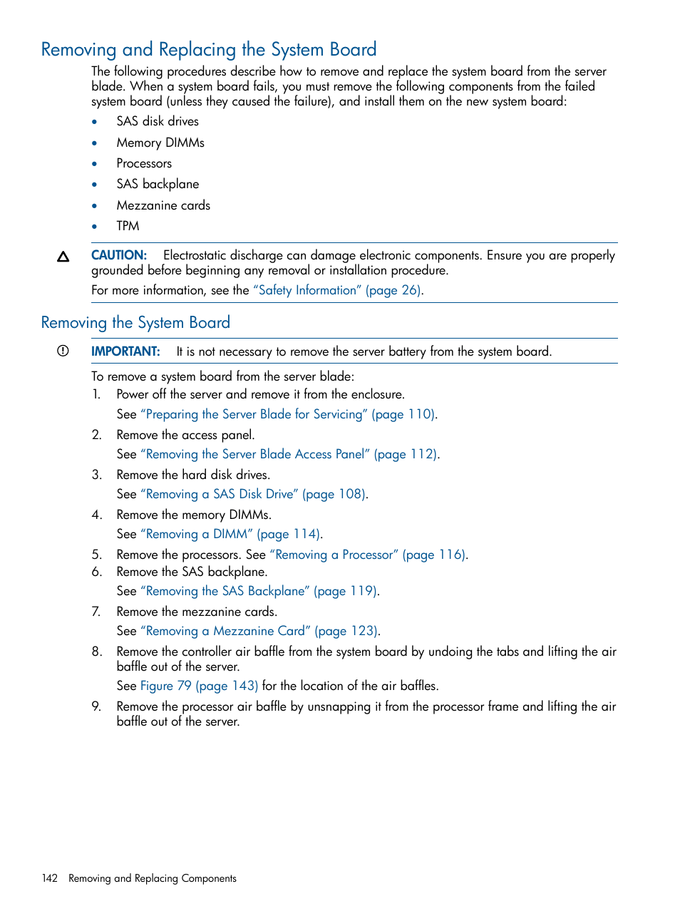 Removing and replacing the system board, Removing the system board | HP BL860C User Manual | Page 142 / 184