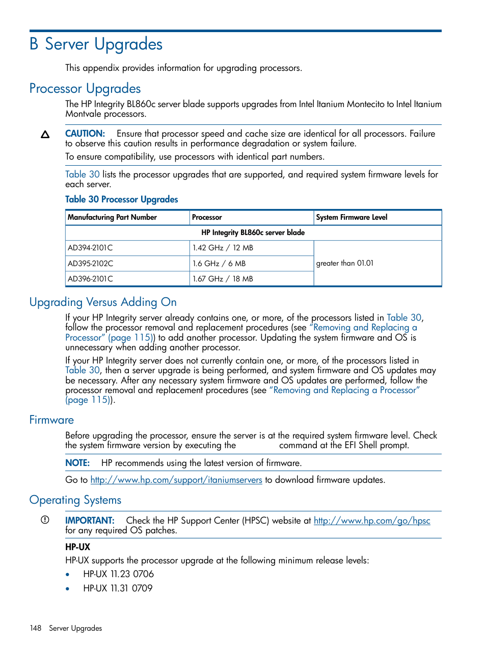 B server upgrades, Processor upgrades, Upgrading versus adding on | Firmware, Operating systems | HP BL860C User Manual | Page 148 / 184