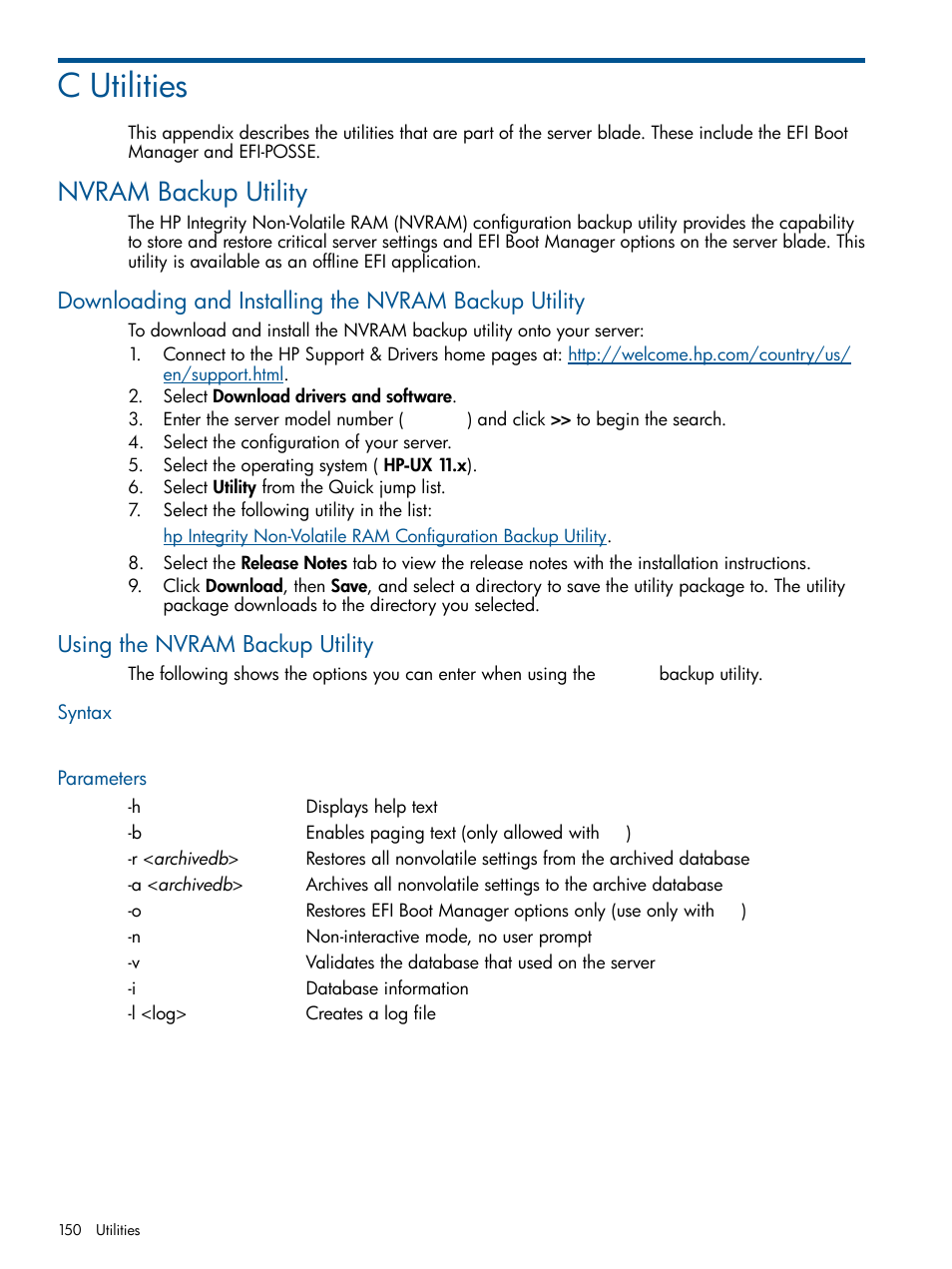 C utilities, Nvram backup utility, Using the nvram backup utility | Syntax, Parameters, Syntax parameters | HP BL860C User Manual | Page 150 / 184
