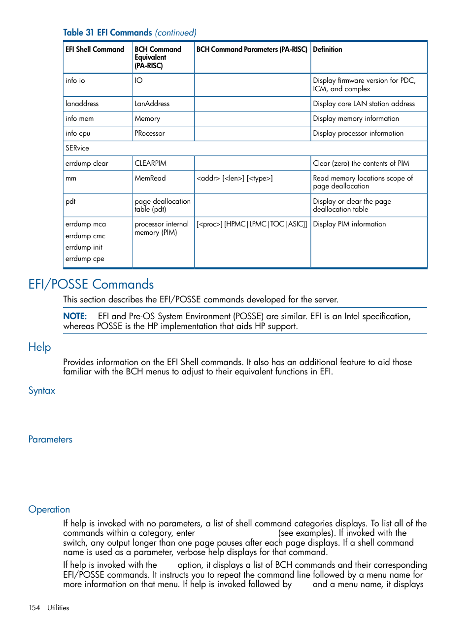 Efi/posse commands, Help, Syntax | Parameters, Operation, Syntax parameters operation | HP BL860C User Manual | Page 154 / 184