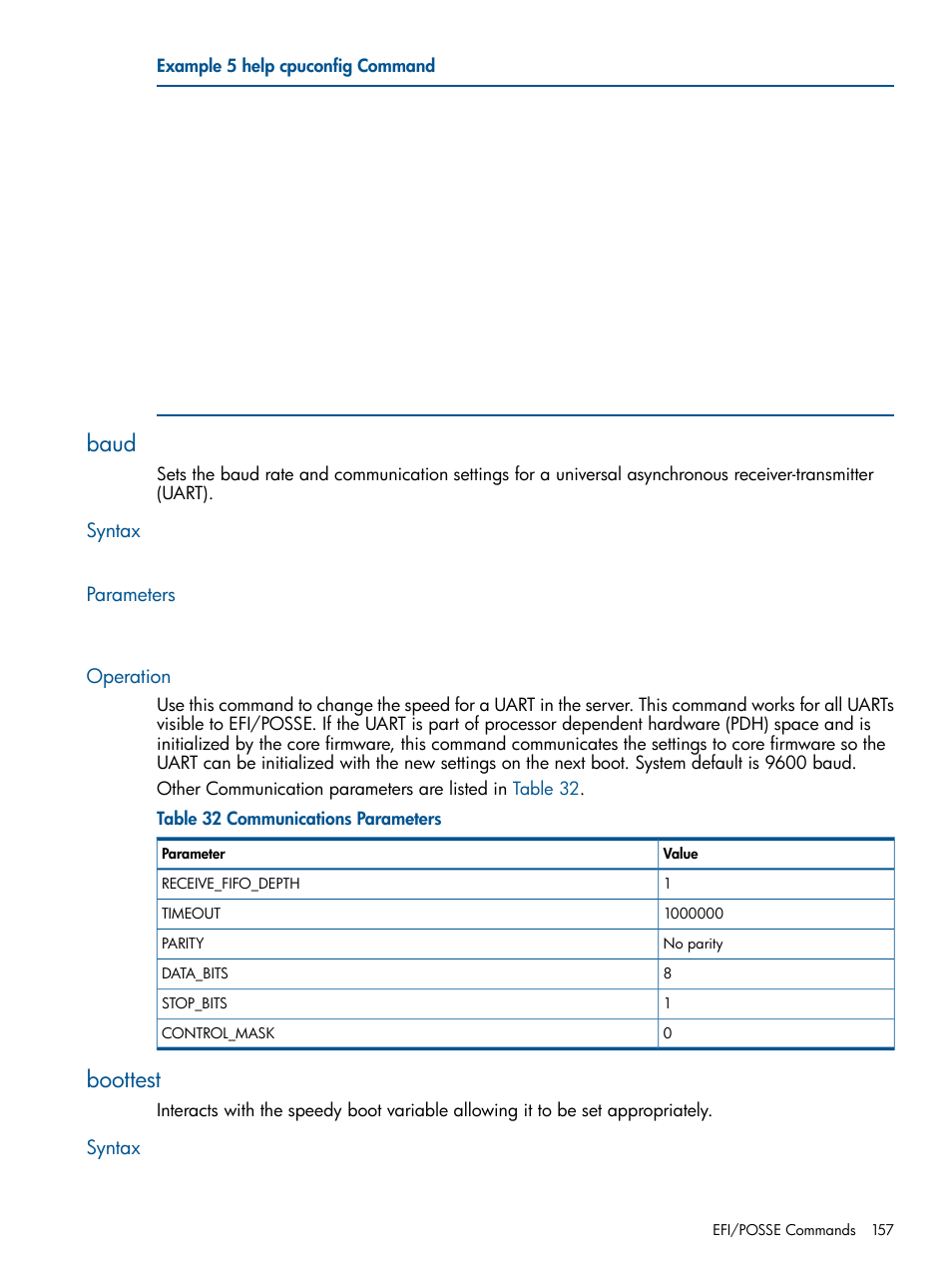 Baud, Syntax, Parameters | Operation, Boottest, Syntax parameters operation | HP BL860C User Manual | Page 157 / 184