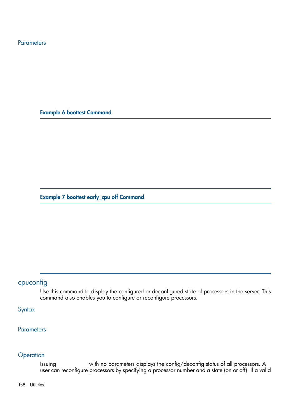 Parameters, Cpuconfig, Syntax | Operation, Syntax parameters operation | HP BL860C User Manual | Page 158 / 184