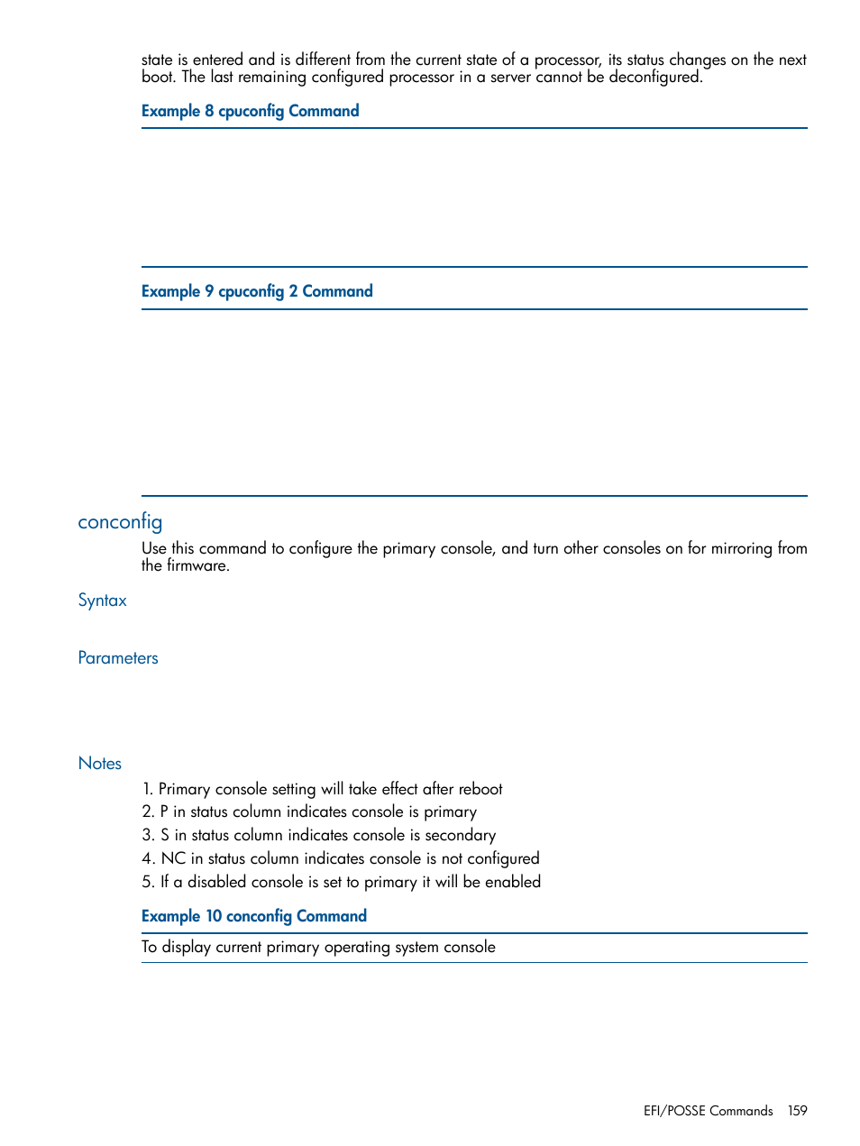 Conconfig, Syntax, Parameters | Notes, Syntax parameters notes | HP BL860C User Manual | Page 159 / 184