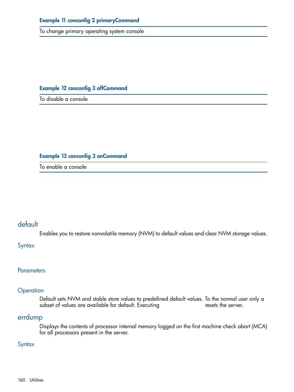 Default, Syntax, Parameters | Operation, Errdump, Syntax parameters operation | HP BL860C User Manual | Page 160 / 184