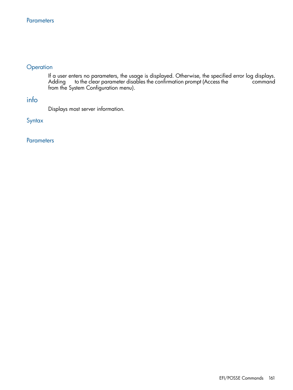 Parameters, Operation, Info | Syntax, Parameters operation, Syntax parameters | HP BL860C User Manual | Page 161 / 184