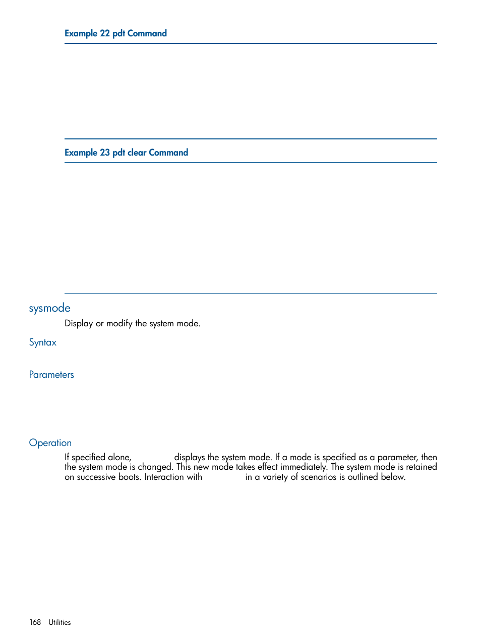 Sysmode, Syntax, Parameters | Operation, Syntax parameters operation | HP BL860C User Manual | Page 168 / 184