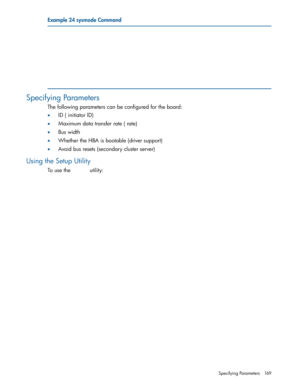 Specifying parameters, Using the setup utility | HP BL860C User Manual | Page 169 / 184