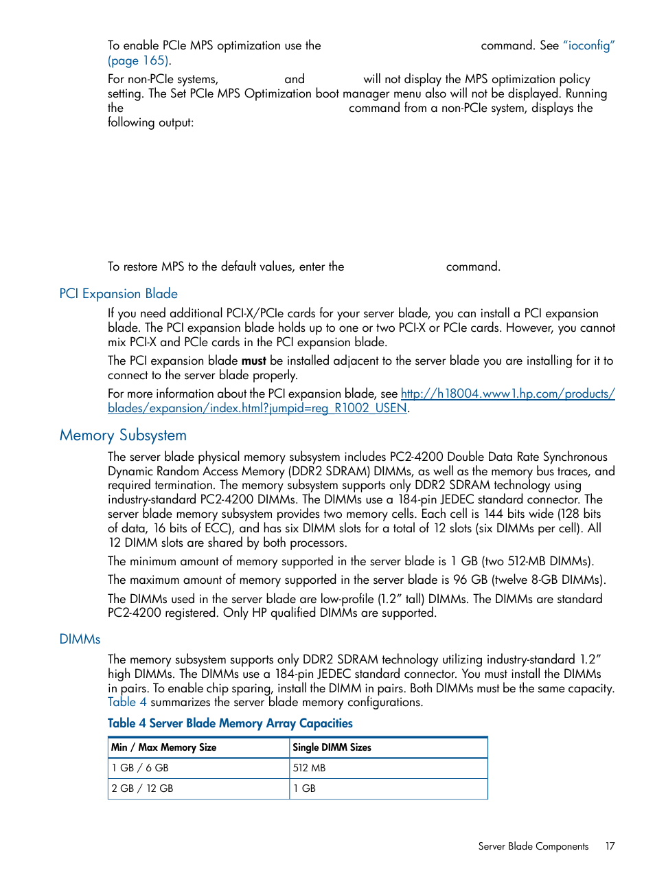 Pci expansion blade, Memory subsystem, Dimms | HP BL860C User Manual | Page 17 / 184