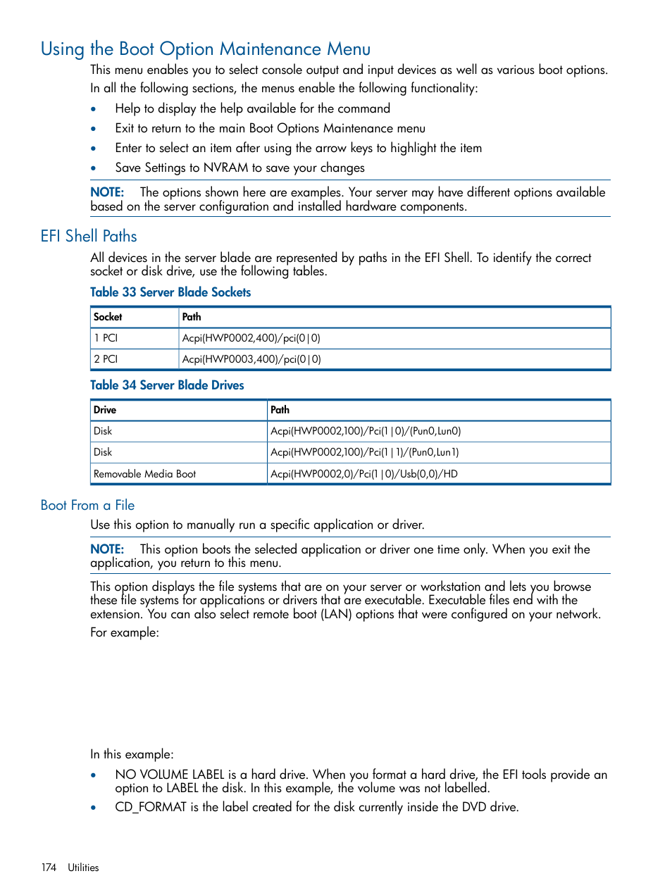 Using the boot option maintenance menu, Efi shell paths, Boot from a file | HP BL860C User Manual | Page 174 / 184