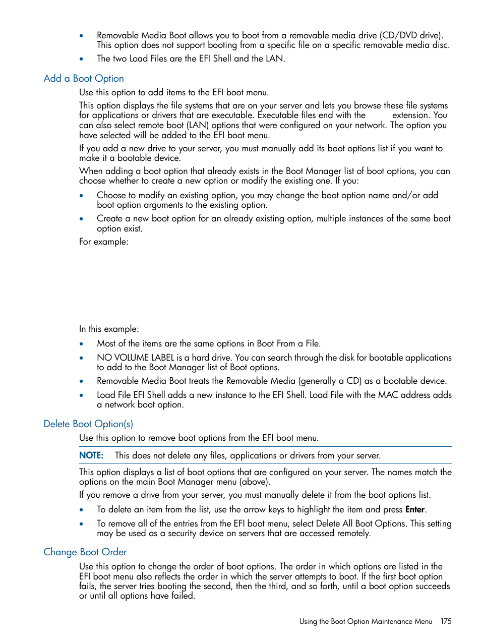 Add a boot option, Delete boot option(s), Change boot order | HP BL860C User Manual | Page 175 / 184