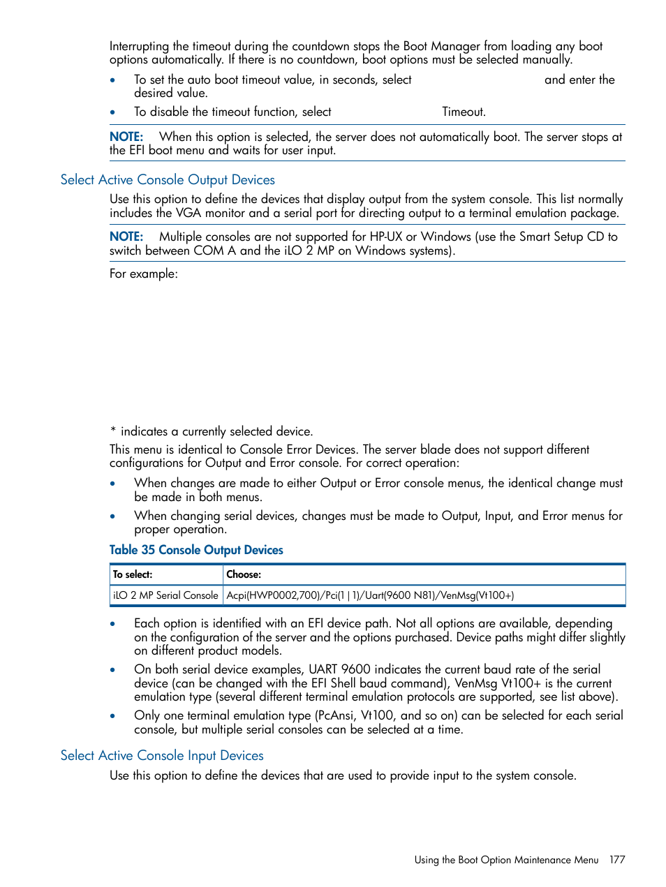 Select active console output devices, Select active console input devices | HP BL860C User Manual | Page 177 / 184