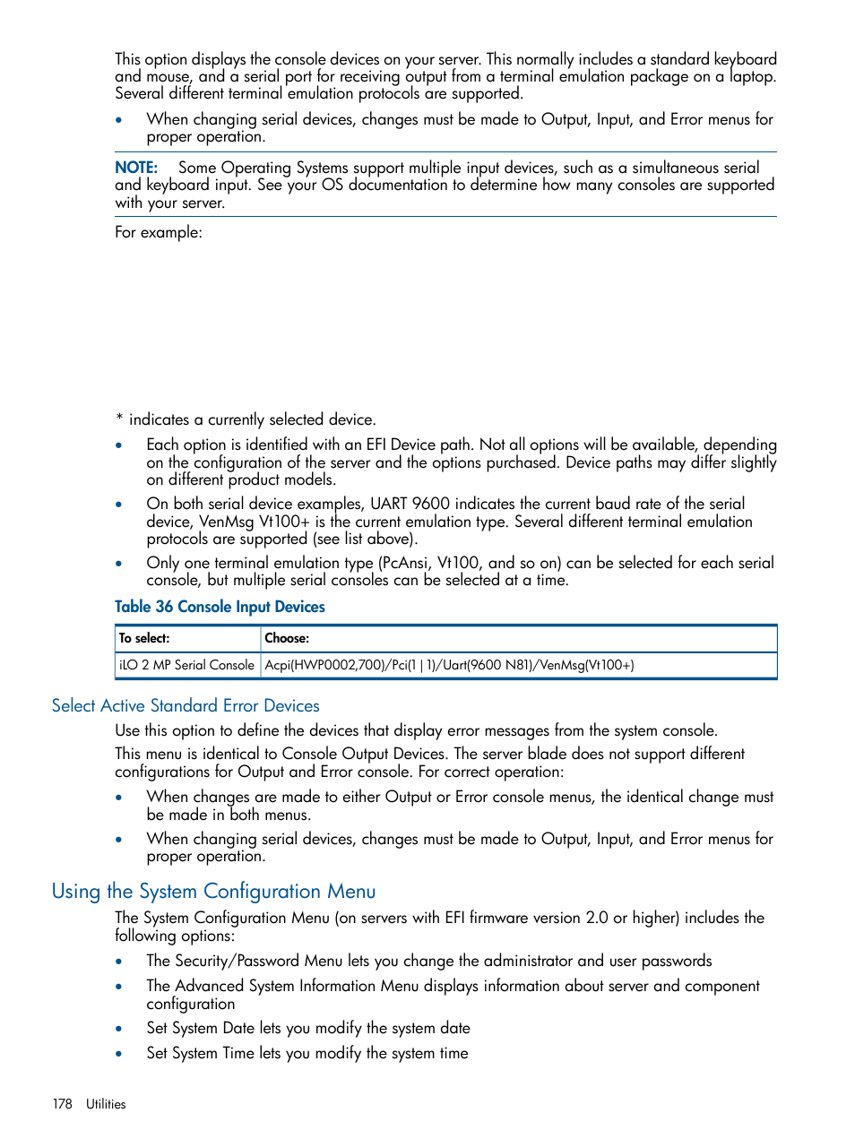 Select active standard error devices, Using the system configuration menu | HP BL860C User Manual | Page 178 / 184