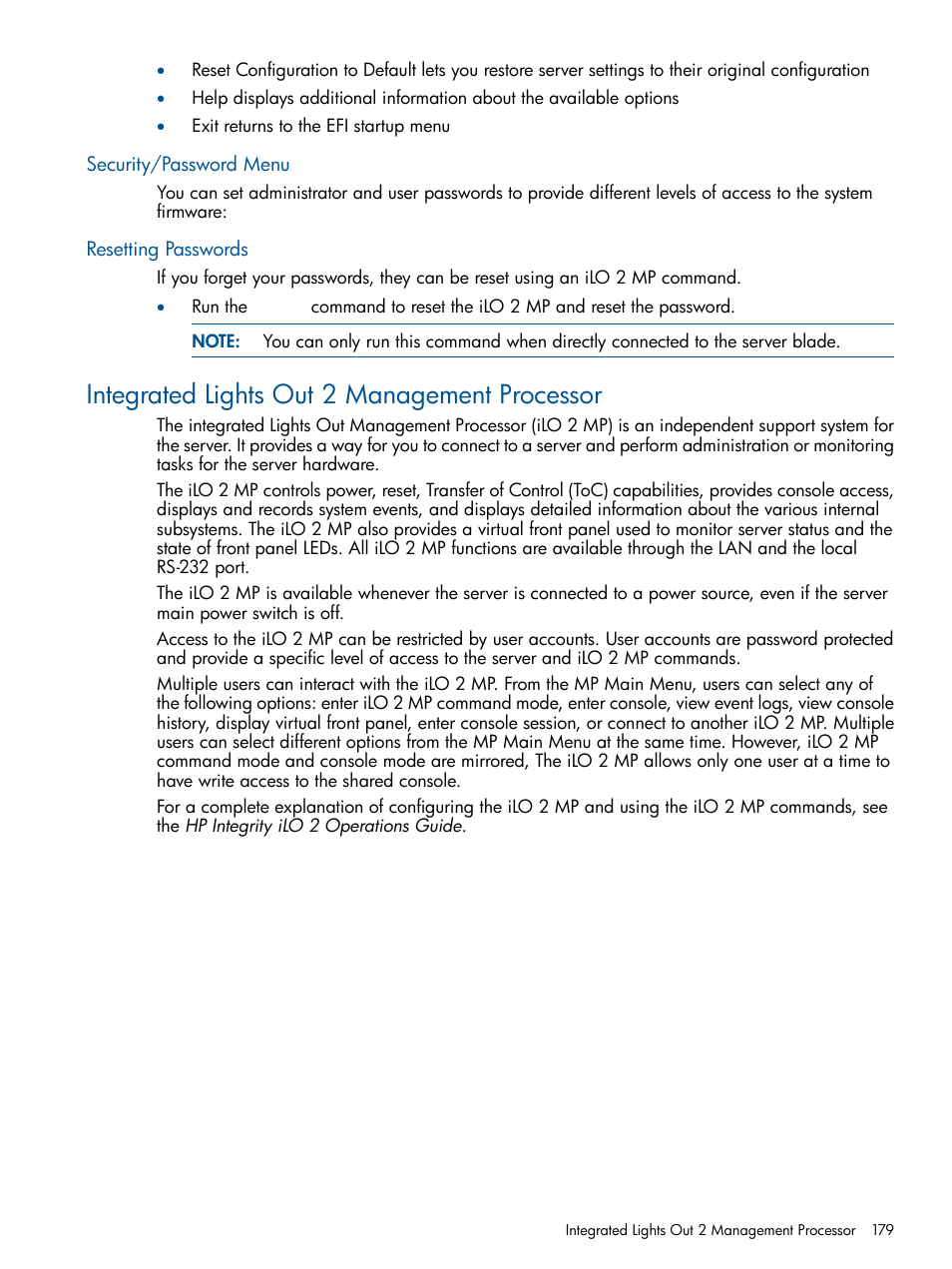 Security/password menu, Resetting passwords, Integrated lights out 2 management processor | Security/password menu resetting passwords | HP BL860C User Manual | Page 179 / 184