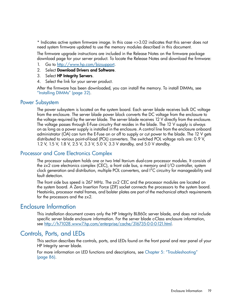 Power subsystem, Processor and core electronics complex, Enclosure information | Controls, ports, and leds, Enclosure information controls, ports, and leds | HP BL860C User Manual | Page 19 / 184