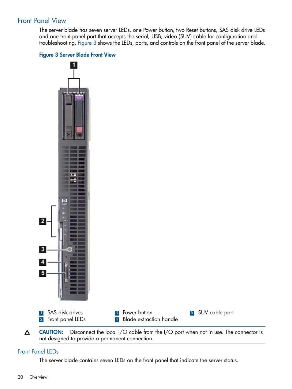 Front panel view, Front panel leds | HP BL860C User Manual | Page 20 / 184