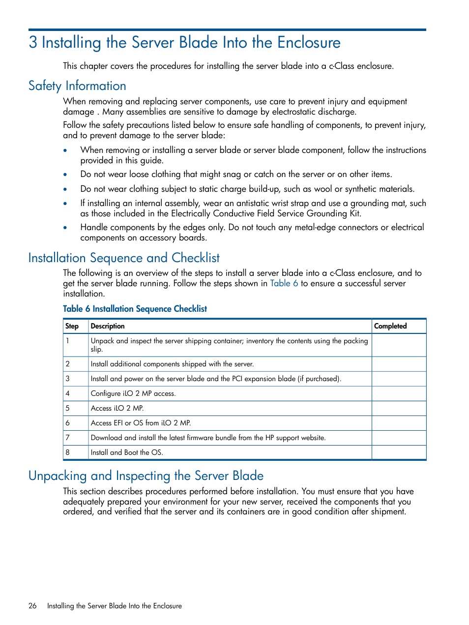 3 installing the server blade into the enclosure, Safety information, Installation sequence and checklist | Unpacking and inspecting the server blade | HP BL860C User Manual | Page 26 / 184