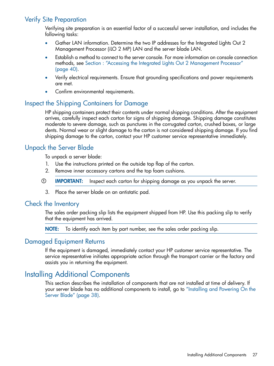 Verify site preparation, Inspect the shipping containers for damage, Unpack the server blade | Check the inventory, Damaged equipment returns, Installing additional components | HP BL860C User Manual | Page 27 / 184