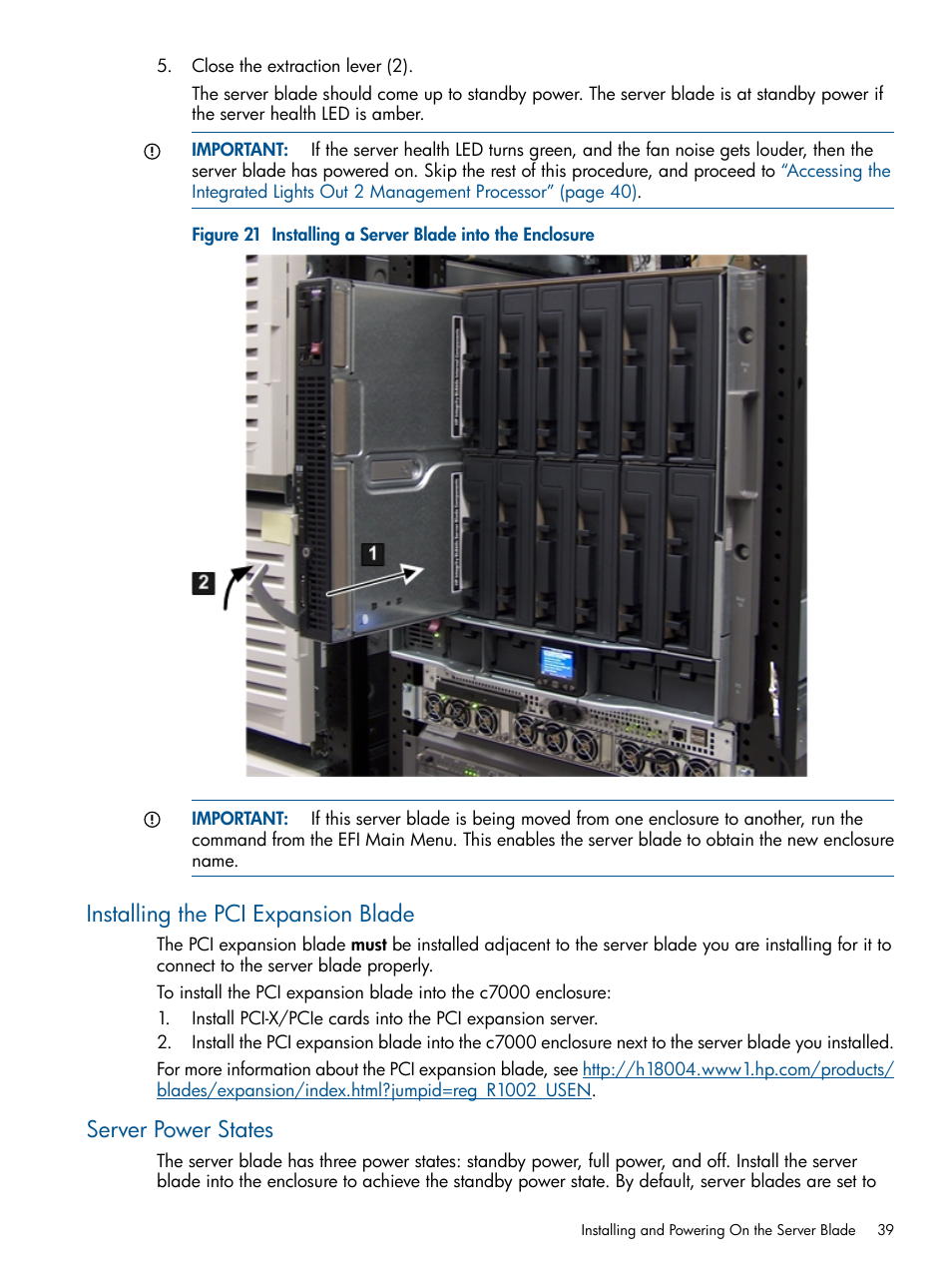 Installing the pci expansion blade, Server power states | HP BL860C User Manual | Page 39 / 184