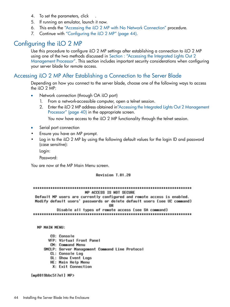 Configuring the ilo 2 mp | HP BL860C User Manual | Page 44 / 184