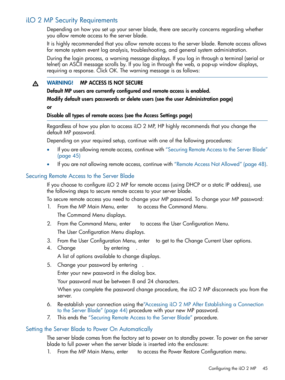 Ilo 2 mp security requirements, Securing remote access to the server blade, Setting the server blade to power on automatically | HP BL860C User Manual | Page 45 / 184