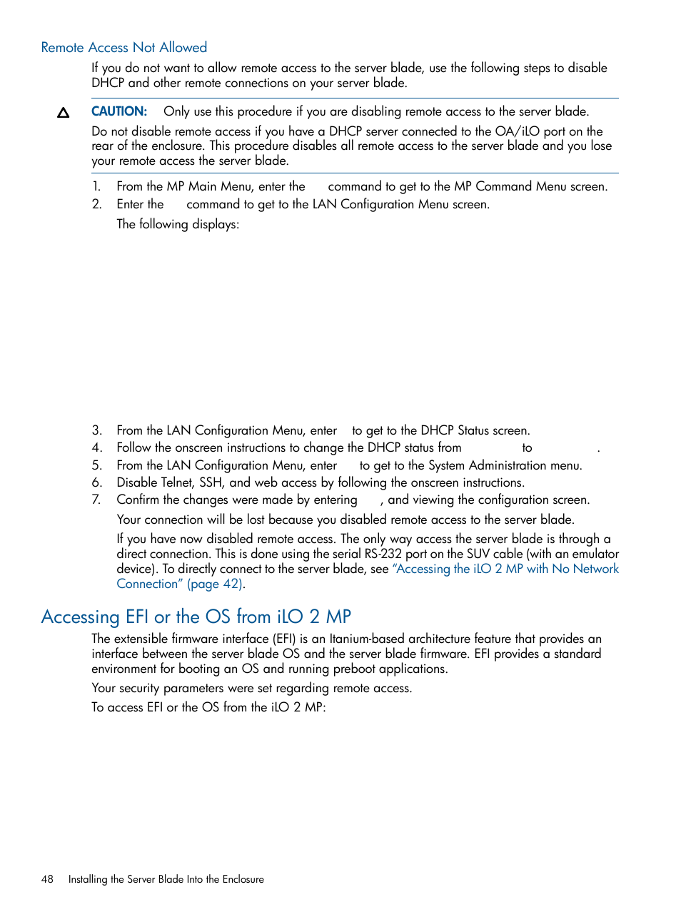Remote access not allowed, Accessing efi or the os from ilo 2 mp | HP BL860C User Manual | Page 48 / 184