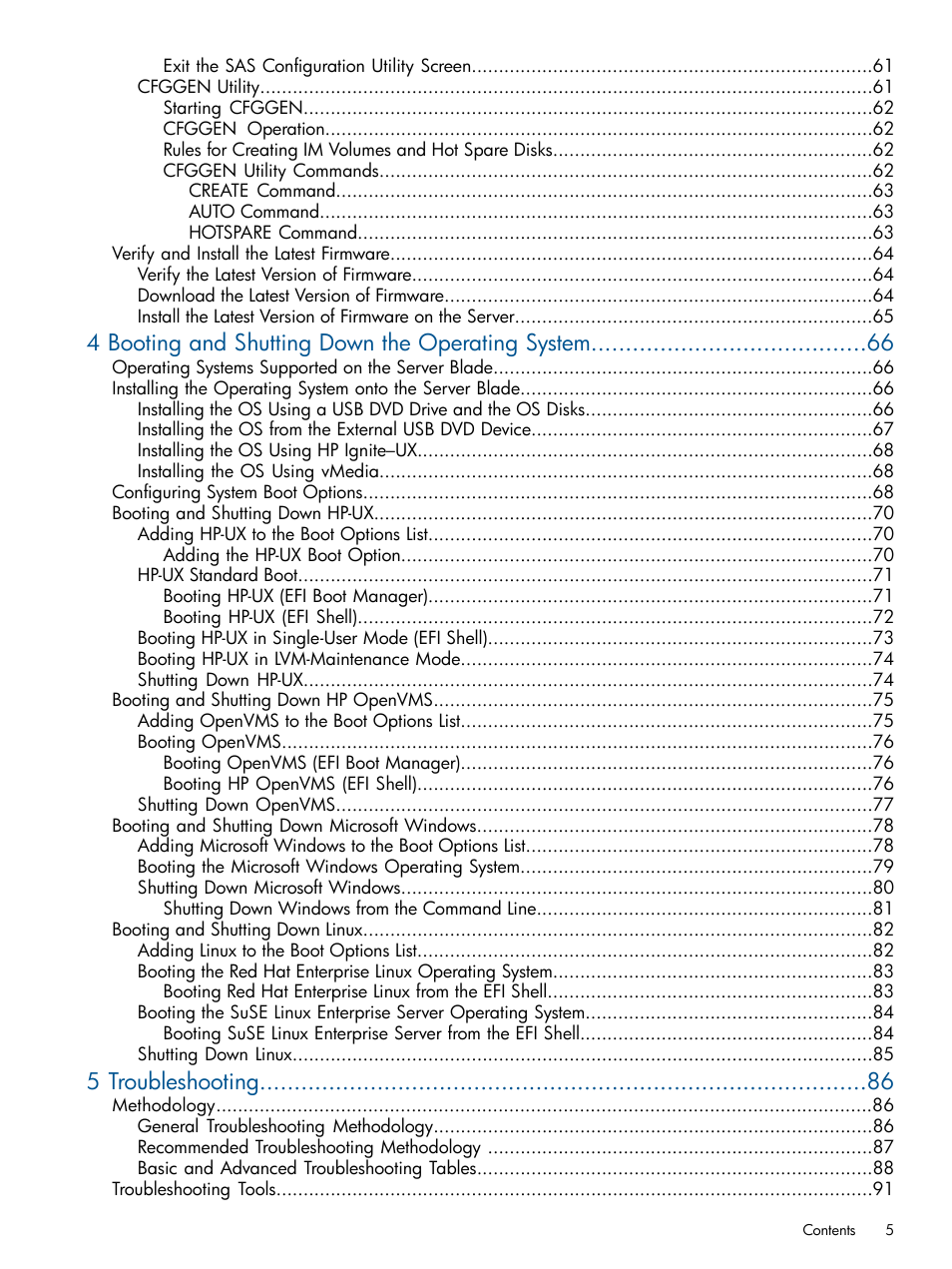 4 booting and shutting down the operating system, 5 troubleshooting | HP BL860C User Manual | Page 5 / 184