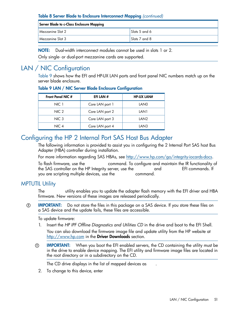 Lan / nic configuration, Mptutil utility | HP BL860C User Manual | Page 51 / 184