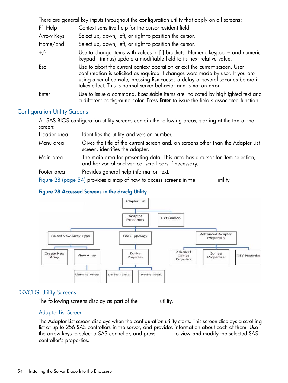 Configuration utility screens, Drvcfg utility screens, Adapter list screen | HP BL860C User Manual | Page 54 / 184