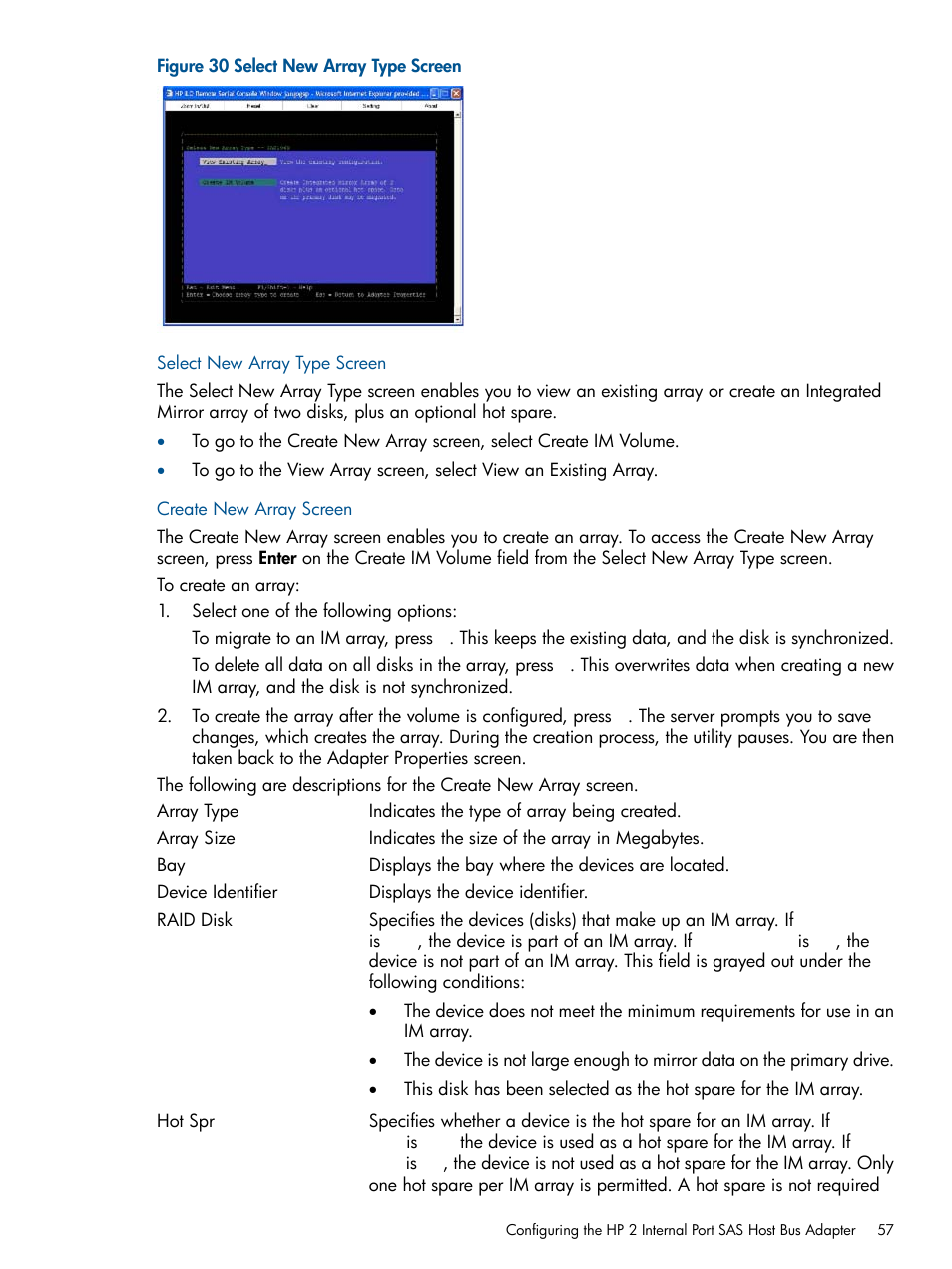 Select new array type screen, Create new array screen | HP BL860C User Manual | Page 57 / 184