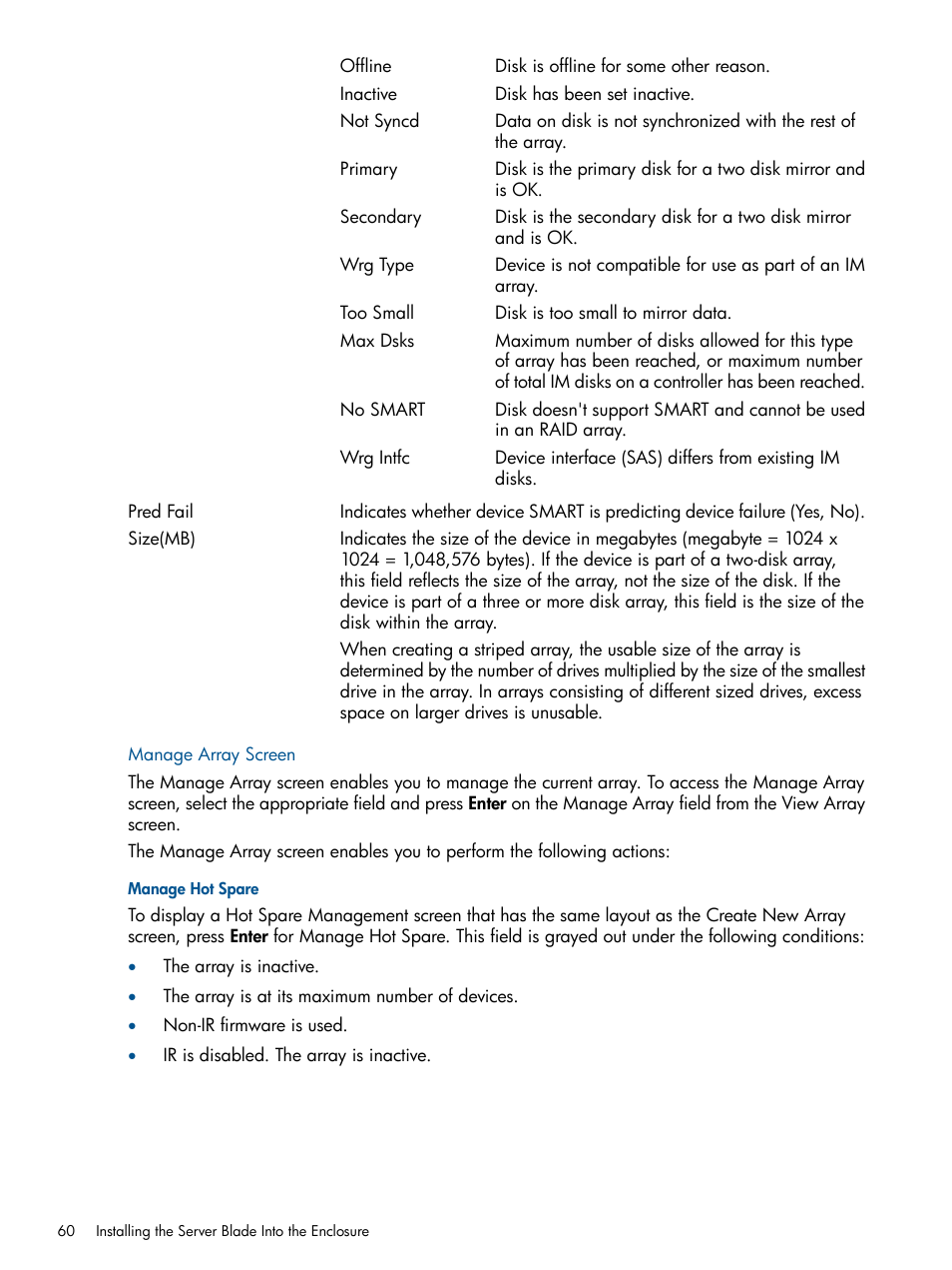 Manage array screen, Manage hot spare | HP BL860C User Manual | Page 60 / 184