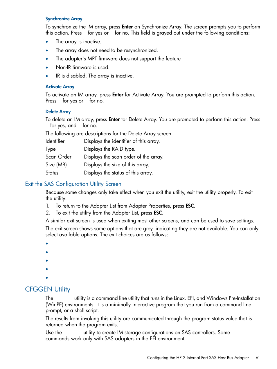 Synchronize array, Activate array, Delete array | Exit the sas configuration utility screen, Cfggen utility | HP BL860C User Manual | Page 61 / 184