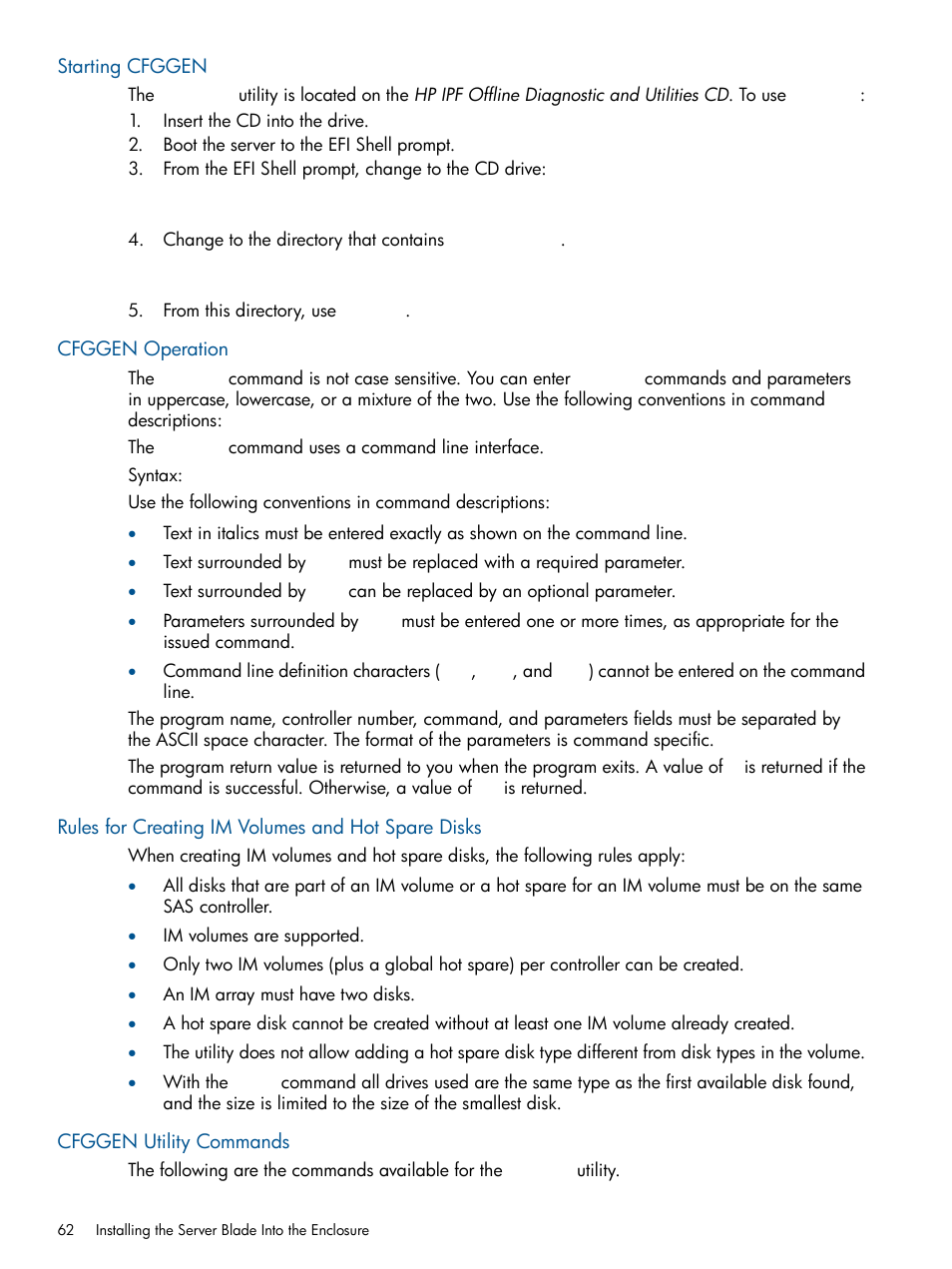 Starting cfggen, Cfggen operation, Rules for creating im volumes and hot spare disks | Cfggen utility commands | HP BL860C User Manual | Page 62 / 184