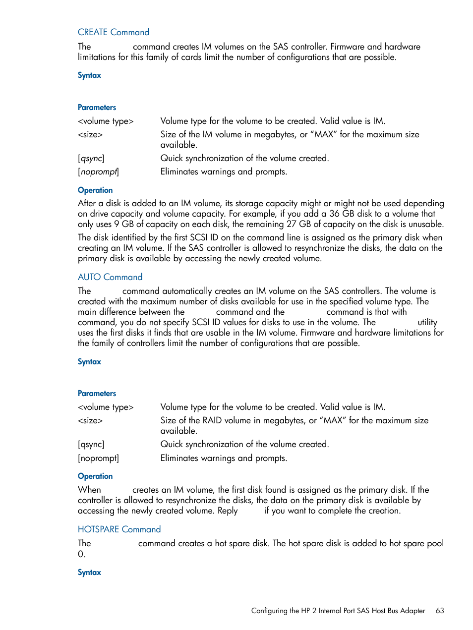 Create command, Syntax, Parameters | Operation, Auto command, Hotspare command, Create command auto command hotspare command | HP BL860C User Manual | Page 63 / 184