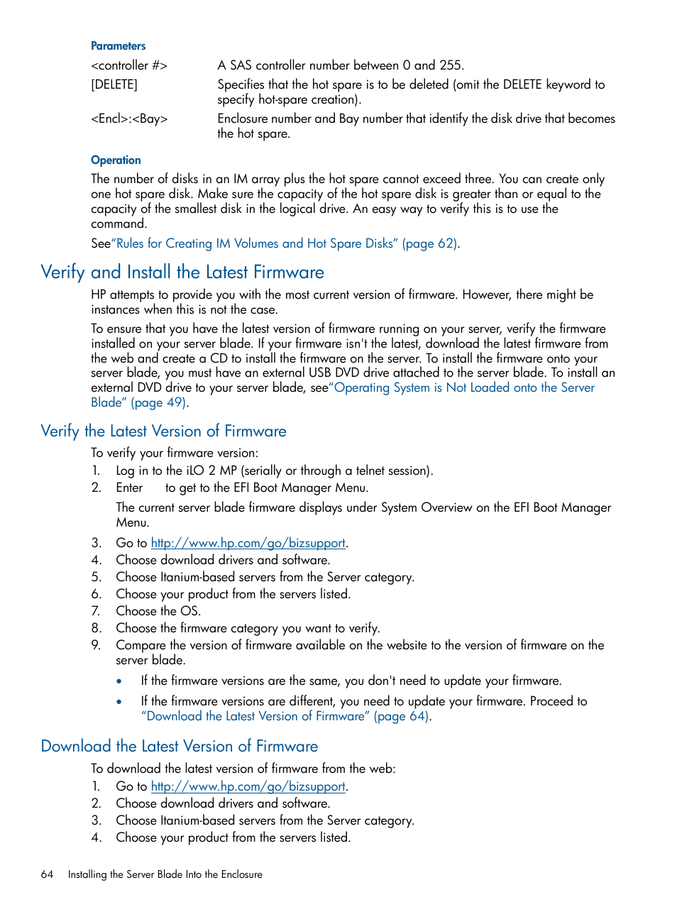 Parameters, Operation, Verify and install the latest firmware | Verify the latest version of firmware, Download the latest version of firmware | HP BL860C User Manual | Page 64 / 184