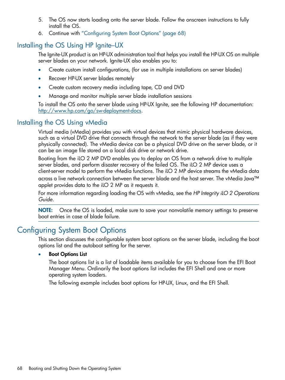 Installing the os using hp ignite–ux, Installing the os using vmedia, Configuring system boot options | HP BL860C User Manual | Page 68 / 184