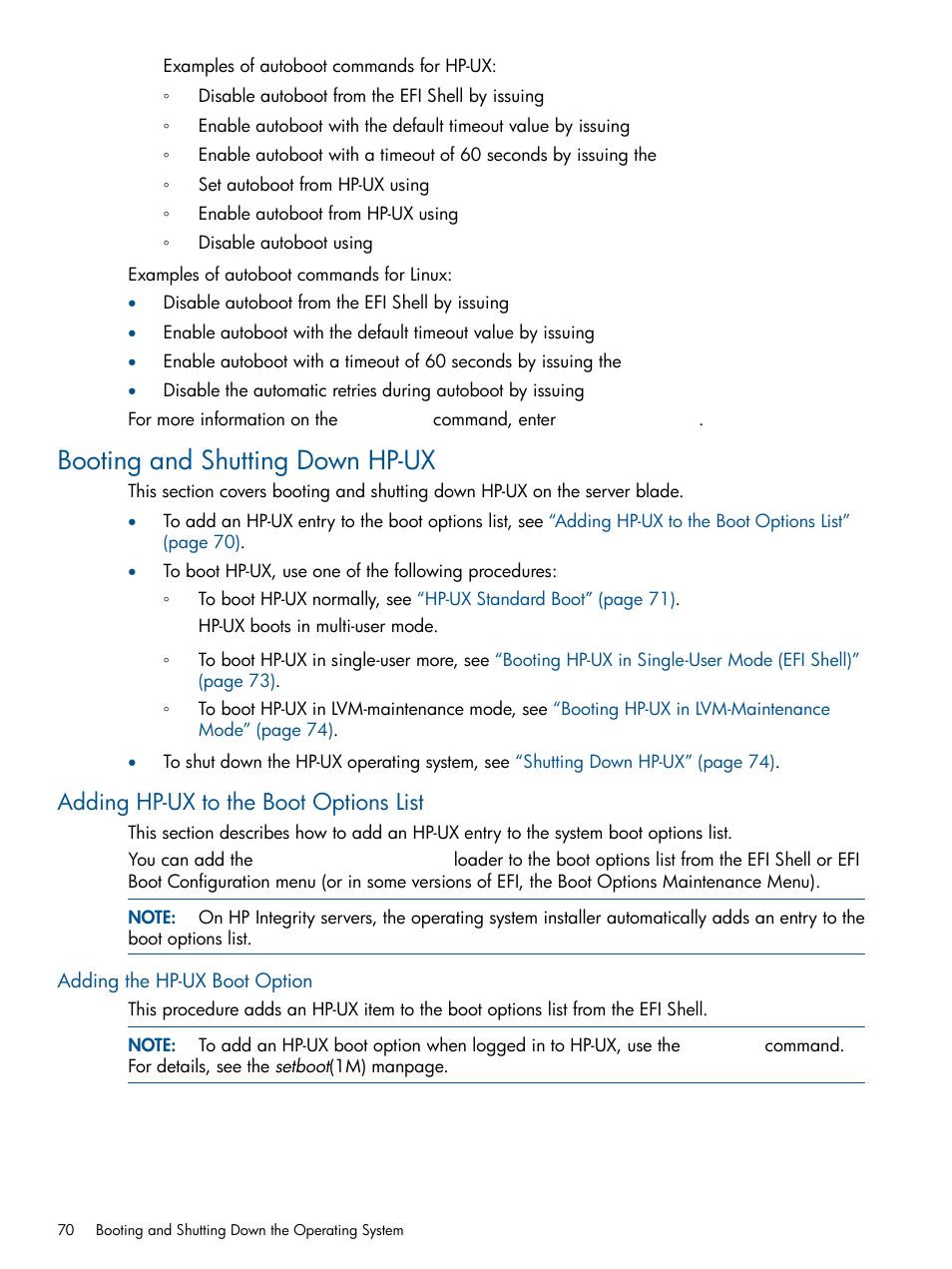 Booting and shutting down hp-ux, Adding hp-ux to the boot options list, Adding the hp-ux boot option | HP BL860C User Manual | Page 70 / 184