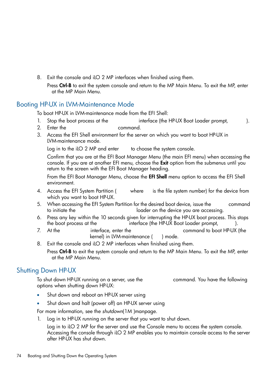 Booting hp-ux in lvm-maintenance mode, Shutting down hp-ux, Booting hp-ux in lvm-maintenance | HP BL860C User Manual | Page 74 / 184