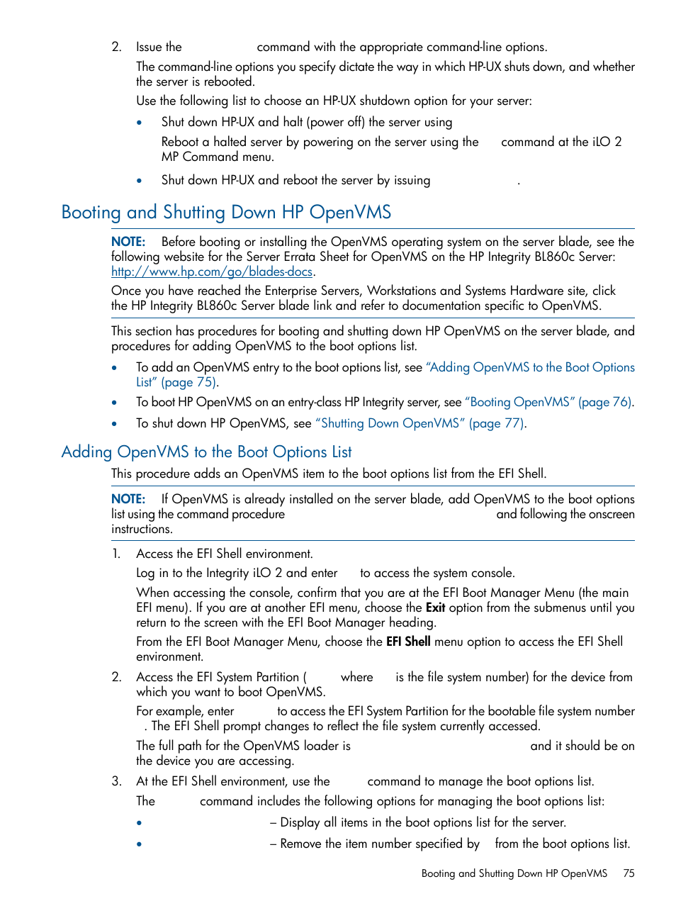Booting and shutting down hp openvms, Adding openvms to the boot options list | HP BL860C User Manual | Page 75 / 184