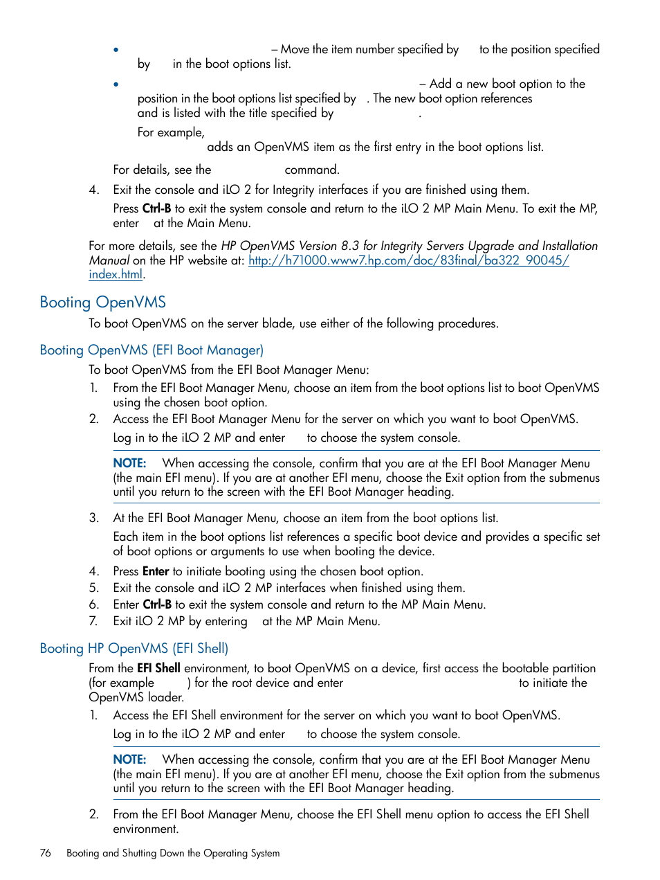 Booting openvms, Booting openvms (efi boot manager), Booting hp openvms (efi shell) | HP BL860C User Manual | Page 76 / 184