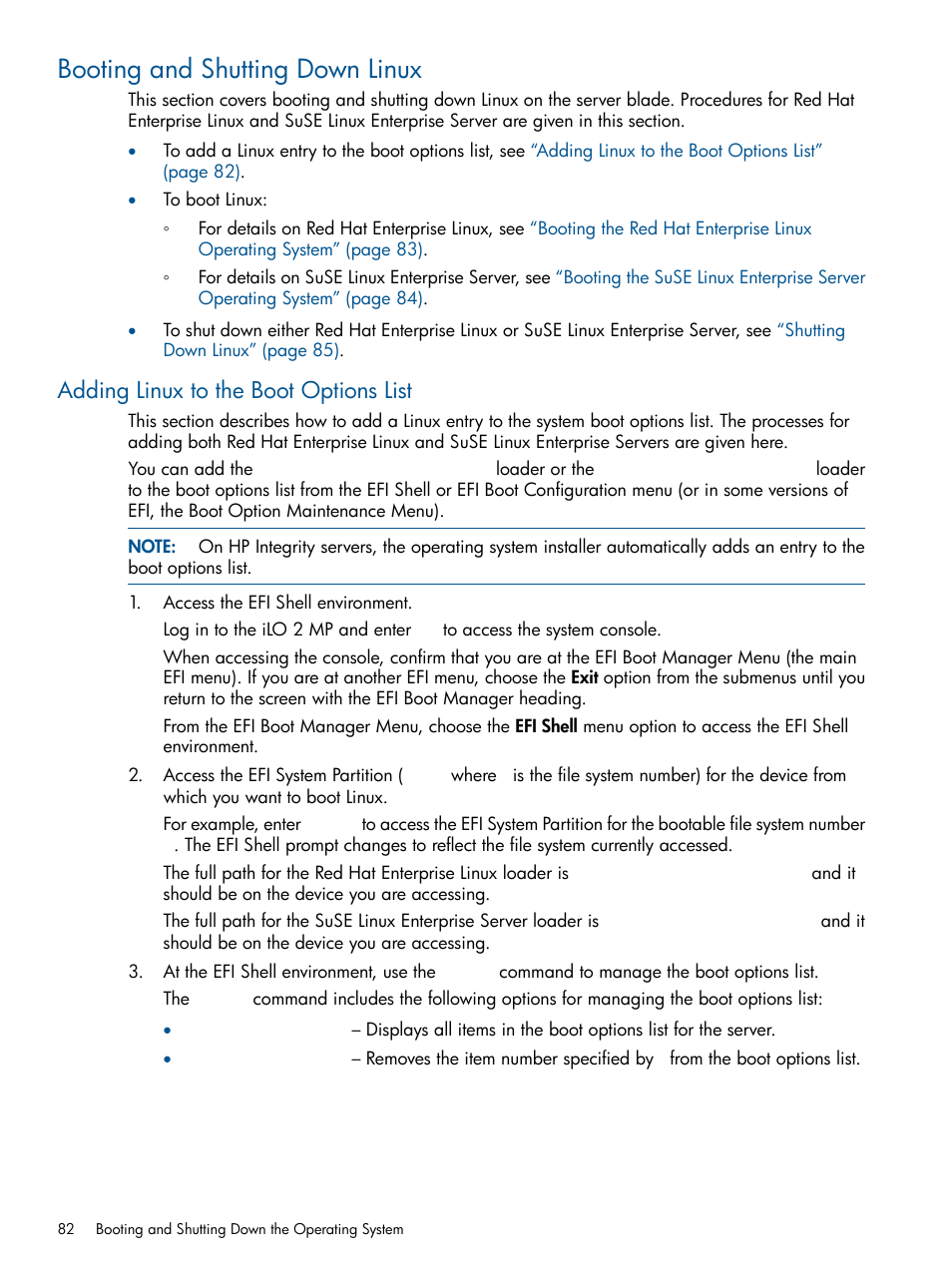 Booting and shutting down linux, Adding linux to the boot options list | HP BL860C User Manual | Page 82 / 184