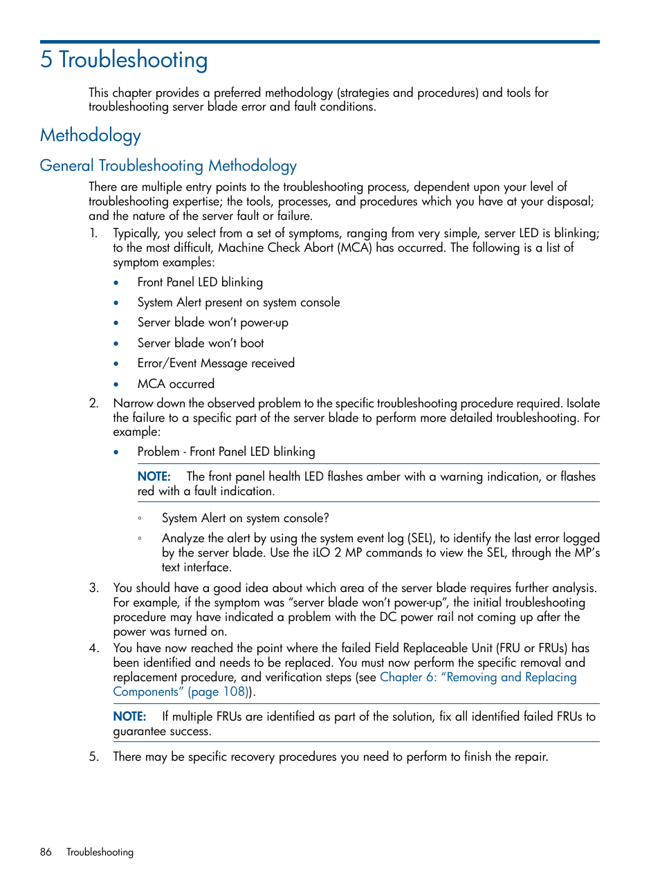 5 troubleshooting, Methodology, General troubleshooting methodology | HP BL860C User Manual | Page 86 / 184