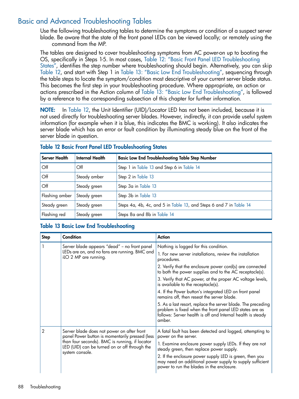 Basic and advanced troubleshooting tables, Table 12, Table 13 | HP BL860C User Manual | Page 88 / 184