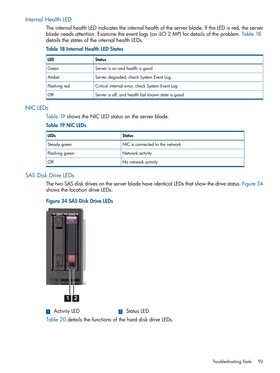 Internal health led, Nic leds, Sas disk drive leds | Internal health led nic leds sas disk drive leds | HP BL860C User Manual | Page 93 / 184