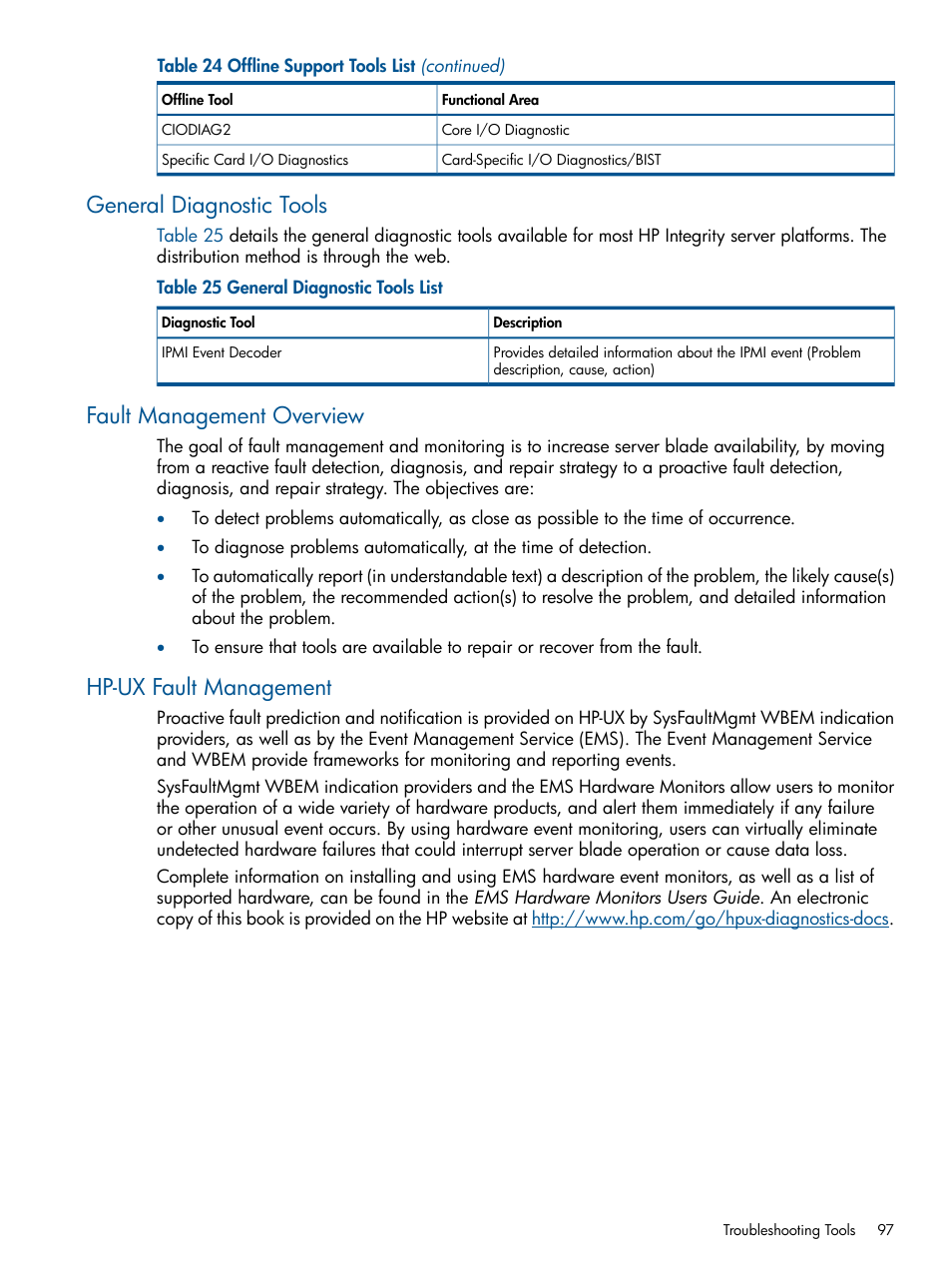 General diagnostic tools, Fault management overview, Hp-ux fault management | HP BL860C User Manual | Page 97 / 184